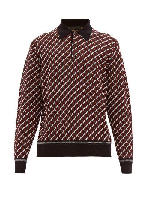 Matchesfashion.com Prada - Geometric Jacquard Long Sleeved Polo Shirt - Mens - Black Burgundy