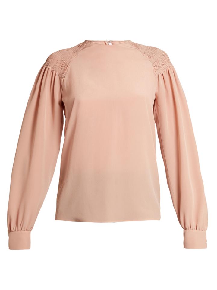 Valentino Smocked-shoulder Silk Crepe De Chine Top