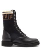 Matchesfashion.com Fendi - Knitted-panel Lace-up Leather Boots - Womens - Black