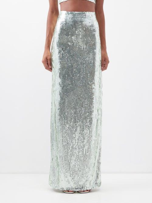Galvan - Beating Heart Sequinned Thigh-slit Maxi Skirt - Womens - Silver
