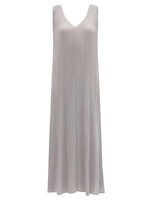 Matchesfashion.com Pleats Please Issey Miyake - V-neck Technical-pleated Longline Dress - Womens - Light Grey