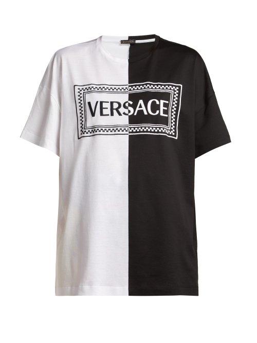 Matchesfashion.com Versace - Logo Embroidered Bi Colour Cotton T Shirt - Womens - Black White