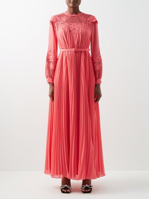 Self-portrait - Pleated-chiffon And Lace Maxi Dress - Womens - Bright Pink