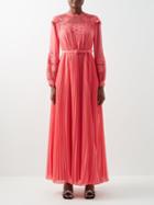 Self-portrait - Pleated-chiffon And Lace Maxi Dress - Womens - Bright Pink