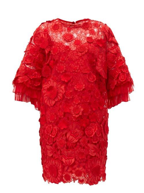 Matchesfashion.com Valentino - Guipure Floral Appliqu & Mesh Mini Dress - Womens - Red