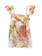 Juliet Dunn - Ruffle-strap Floral-print Cotton-voile Top - Womens - Cream Print