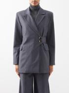 Ganni - Oblique-front Pinstriped Recycled-twill Jacket - Womens - Grey