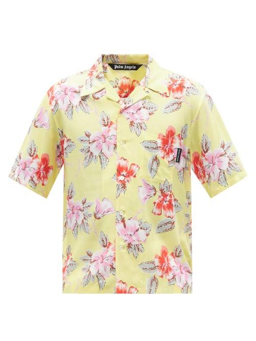 Palm Angels - Hibiscus-print Satin Bowling Shirt - Mens - Yellow White