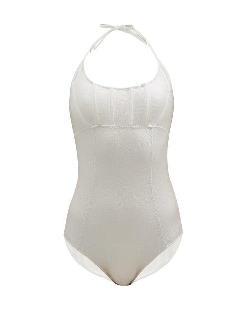 Matchesfashion.com Lisa Marie Fernandez - Corset Boned Metallic-jersey Halterneck Swimsuit - Womens - Silver