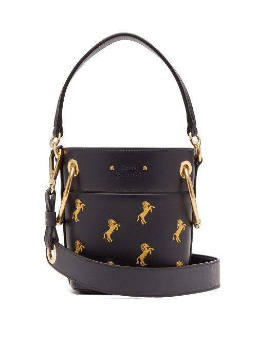 Matchesfashion.com Chlo - Roy Little Horse Embroidered Leather Bucket Bag - Womens - Navy Multi