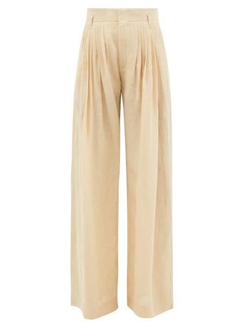 Chlo - Wide-leg Pleated Linen-voile Trousers - Womens - Beige
