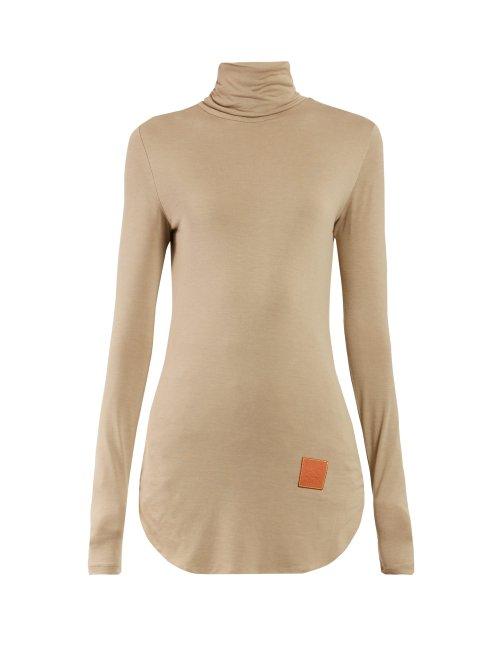 Matchesfashion.com Loewe - Roll Neck Logo Patch Silk Top - Womens - Beige