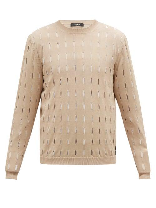 Matchesfashion.com Fendi - Cutout Logo-tab Cotton Sweater - Mens - Beige