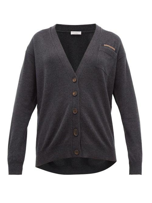 Matchesfashion.com Brunello Cucinelli - Monili Trim V Neck Cashmere Cardigan - Womens - Dark Grey