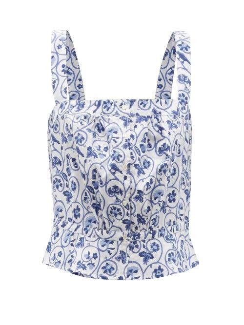 Ladies Beachwear Thierry Colson - Rossa Floral-print Cotton Top - Womens - Blue White