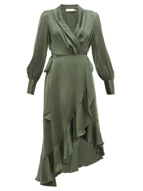 Matchesfashion.com Zimmermann - Espionage Silk Charmeuse Wrap Dress - Womens - Green