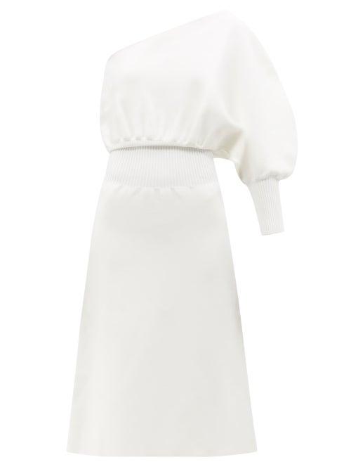 Galvan - Luna Asymmetric Balloon-sleeve Knitted Midi Dress - Womens - White