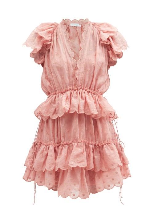 Ladies Beachwear Zimmermann - Mae Ruffled Dot-embroidered Ramie-voile Mini Dress - Womens - Light Pink