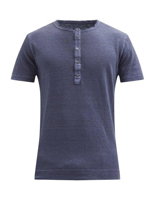 Matchesfashion.com 120% Lino - Rolled-edge Linen-jersey Henley Shirt - Mens - Navy
