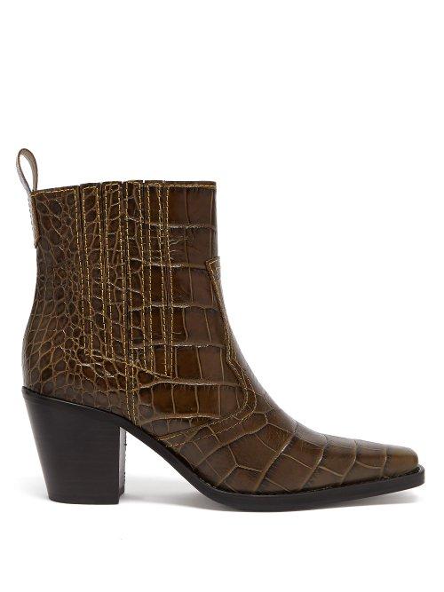 Matchesfashion.com Ganni - Callie Crocodile Effect Leather Ankle Boots - Womens - Khaki