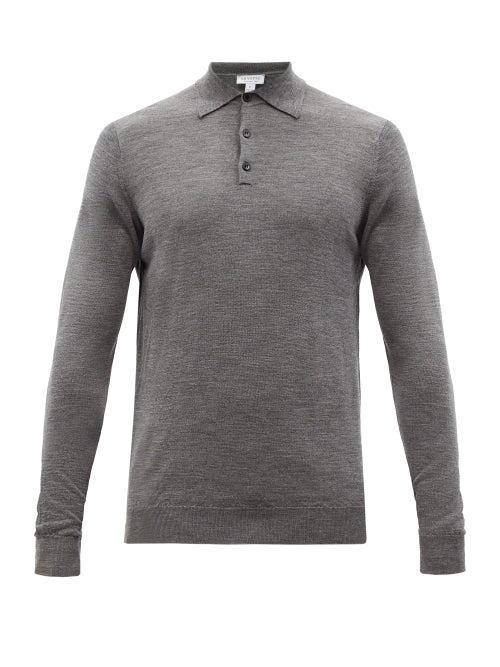 Sunspel - Merino-wool Long-sleeved Polo Shirt - Mens - Grey