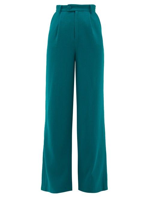 Matchesfashion.com Rebecca De Ravenel - High Rise Wool Crepe Wide Leg Trousers - Womens - Dark Green