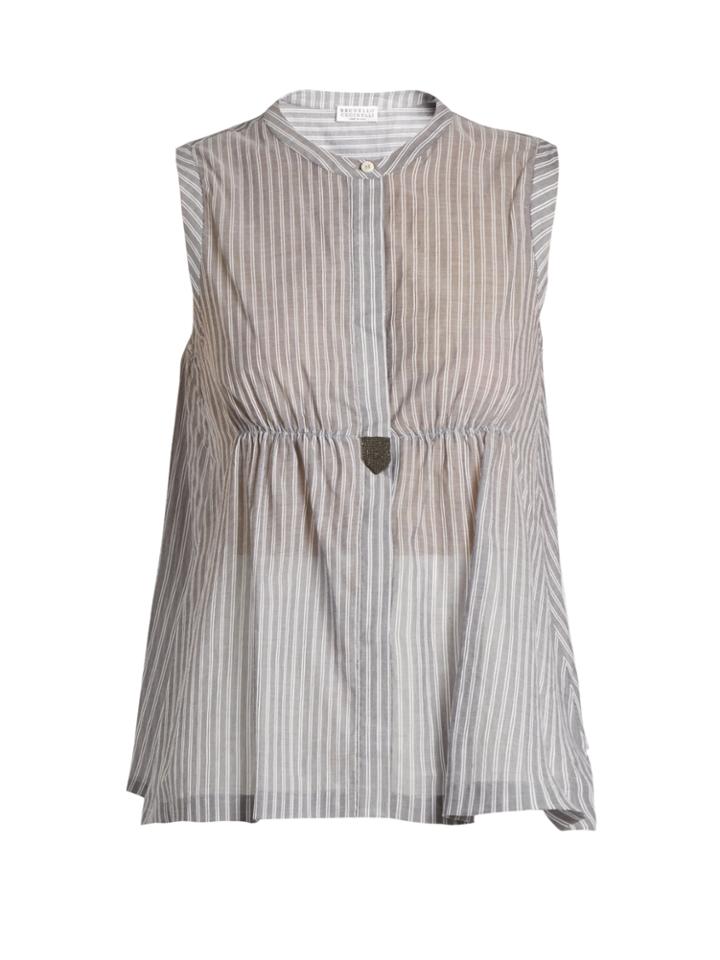 Brunello Cucinelli Monili-embellished Striped Cotton Top