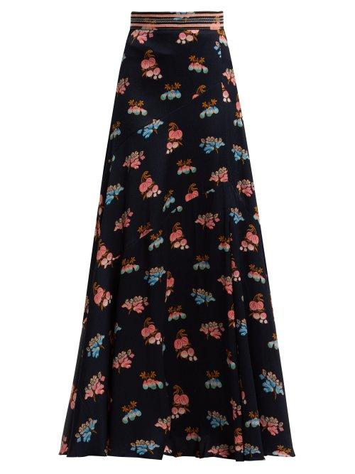 Matchesfashion.com Peter Pilotto - Fig Print Silk Maxi Skirt - Womens - Blue