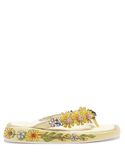 Ladies Shoes Roger Vivier - Vivier Blossom Hand-painted Flatform Sandals - Womens - Yellow Multi