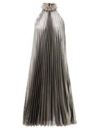 Matchesfashion.com Andrew Gn - Crystal-collar Pleated Silk-blend Lam Dress - Womens - Silver