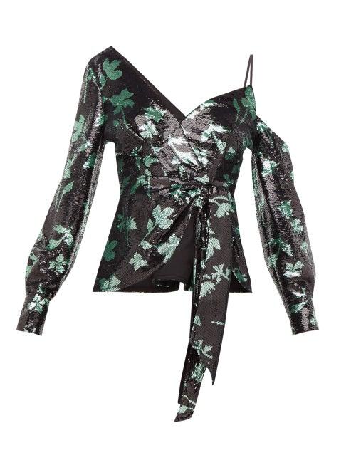 Matchesfashion.com Self-portrait - Asymmetric Leaf Sequinned Top - Womens - Black Green