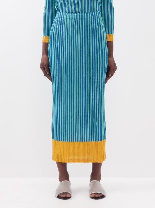 Pleats Please Issey Miyake - Striped Technical-pleated Pencil Skirt - Womens - Green