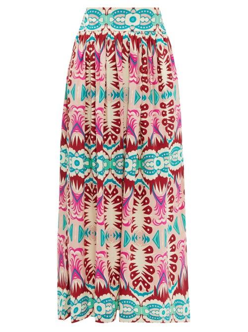 Matchesfashion.com Le Sirenuse, Positano - Jane Fishtail-print Cotton Midi Skirt - Womens - Pink Print