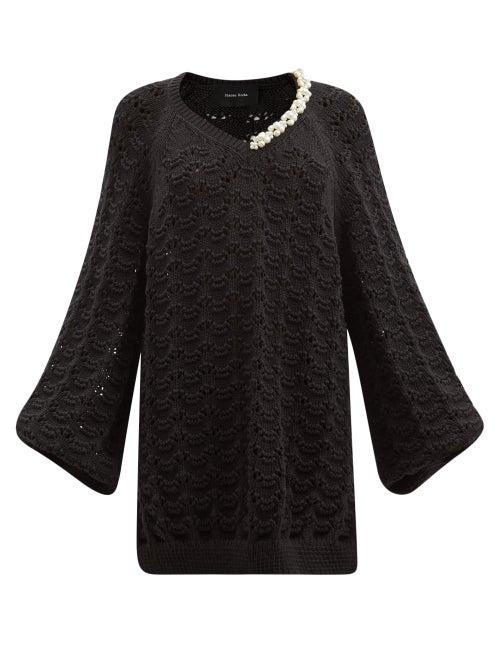 Matchesfashion.com Simone Rocha - Pearl-embellished Pointelle Organic-cotton Sweater - Womens - Black