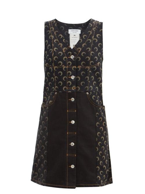 Marine Serre - Crescent Moon-print Repurposed-denim Dress - Womens - Black