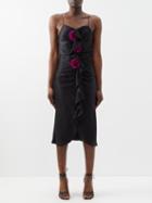 Rodarte - Rose-appliqu Silk-satin Midi Dress - Womens - Black