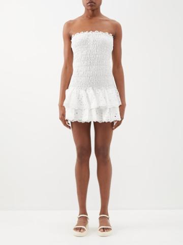 Charo Ruiz - Megan Shirred-bodice Cotton-blend Mini Dress - Womens - White