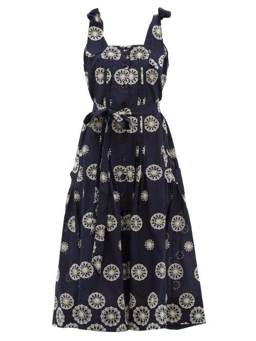 Ladies Beachwear Evi Grintela - Floral-embroidered Cotton Midi Dress - Womens - Navy