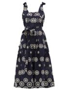 Ladies Beachwear Evi Grintela - Floral-embroidered Cotton Midi Dress - Womens - Navy