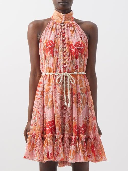 Zimmermann - Violet Shell-belt Tropical-print Silk Dress - Womens - Coral Multi