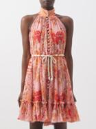 Zimmermann - Violet Shell-belt Tropical-print Silk Dress - Womens - Coral Multi