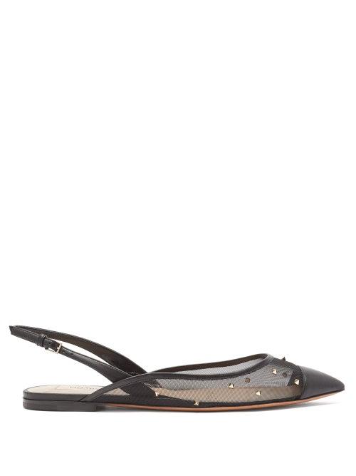 Matchesfashion.com Valentino - Shining Rockstud Embellished Mesh Slingback Flats - Womens - Black