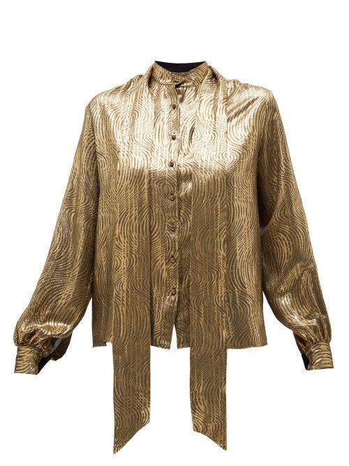 Matchesfashion.com Saint Laurent - Pussy-bow Silk-blend Brocade Blouse - Womens - Gold