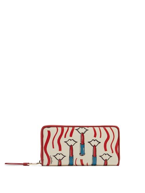 Matchesfashion.com Valentino - Lipstick Print Leather Continental Wallet - Womens - Ivory Multi