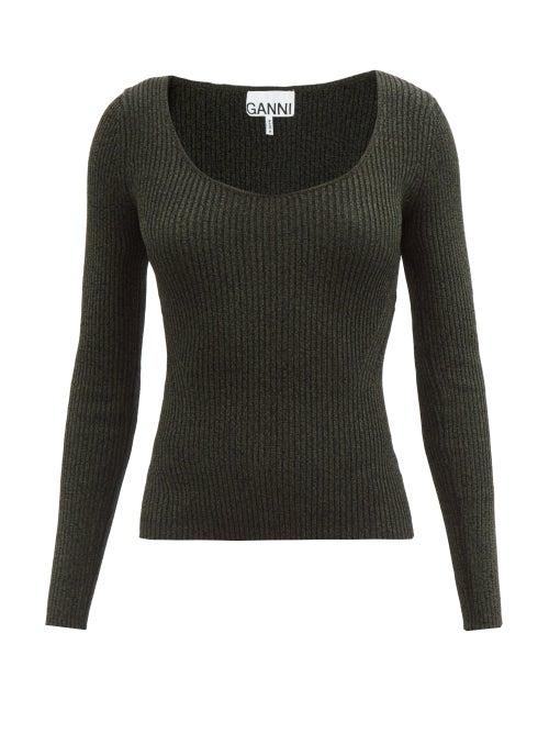 Ganni - Scoop-neck Ribbed-knit Top - Womens - Dark Green