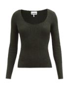 Ganni - Scoop-neck Ribbed-knit Top - Womens - Dark Green