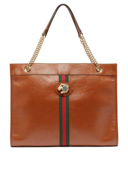 Matchesfashion.com Gucci - Rajah Web Striped Leather Tote Bag - Womens - Tan