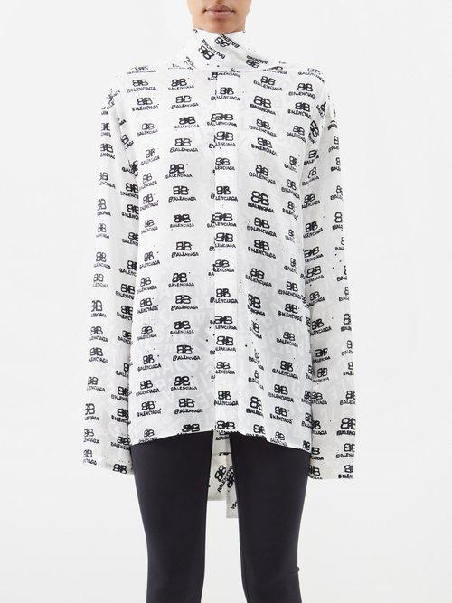 Balenciaga - Garde Robe Bb-jacquard Silk Blouse - Womens - White Black