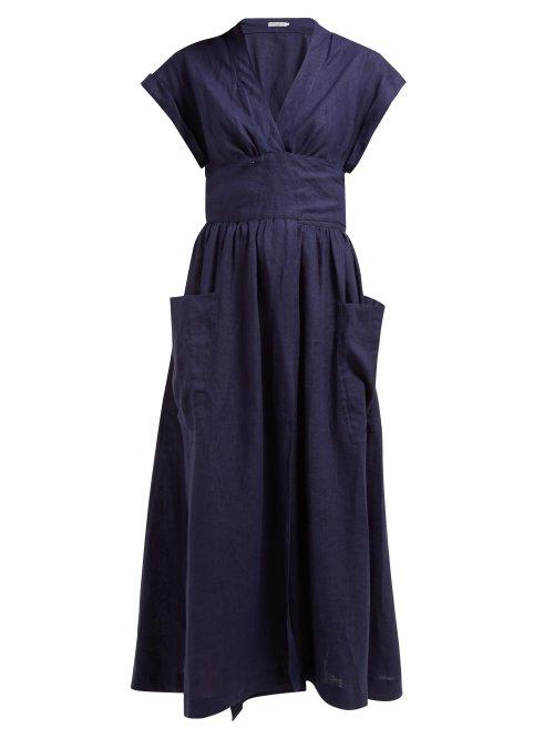 Matchesfashion.com Three Graces London - Clarissa Wrapped Linen Midi Dress - Womens - Navy