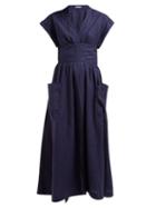 Matchesfashion.com Three Graces London - Clarissa Wrapped Linen Midi Dress - Womens - Navy